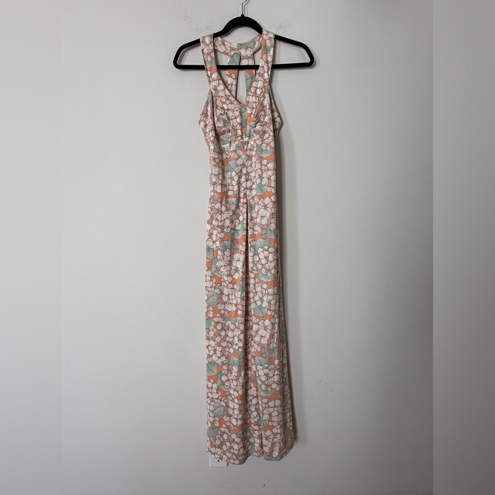 Vintage 70s Handmade Hawaiian Floral Print Boho Cage Back Maxi Dress